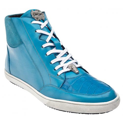 Belvedere "Franco" Baby Blue Genuine Crocodile / Suede / Soft Calf Leather Sneakers With Alligator Head 1312